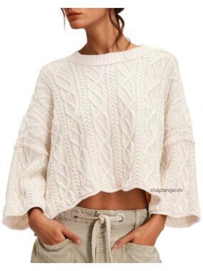 Women's Cable Knit Cropped Sweater Oversized Long Sleeve Pullover